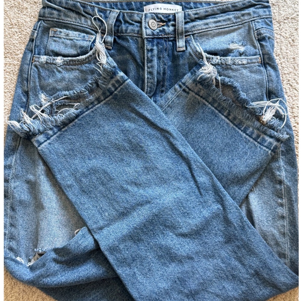 Flying Monkey Womens Distressed Straight Leg Jeans Medium Wash F4125 Blue Cotton - Picture 2 of 7